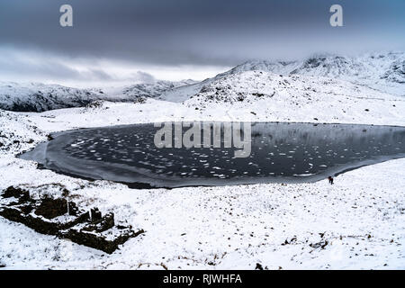 Vedute lungo il minatore della via verso il vertice di Y Wyddfa (Snowdon) su un nevoso, giornata invernale e. Foto Stock