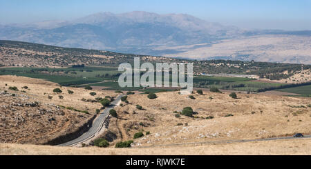 La vista del monte Hermon nel golan da vicino il confine libano con un israeliano farm in primo piano Foto Stock