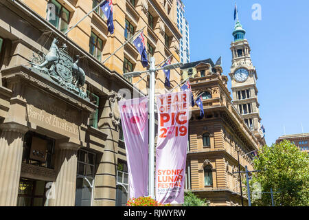 Città di Sydney banner di Martin Place per 2019 anno cinese del maiale,centro di Sydney, Australia Foto Stock