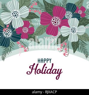 Happy Holiday. Modello per schede e banner con graziosi fiori scarabocchi, vettore Illustrazione Vettoriale