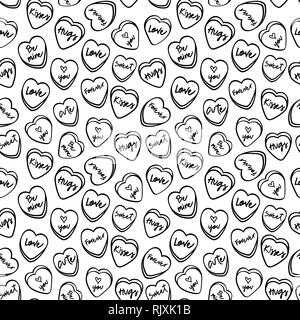 Il giorno di San Valentino seamless pattern di carino disegnato a mano candy cuori scarabocchi. Il concetto di amore sfondo speciale per una vacanza romantica. Illustrazione Vettoriale