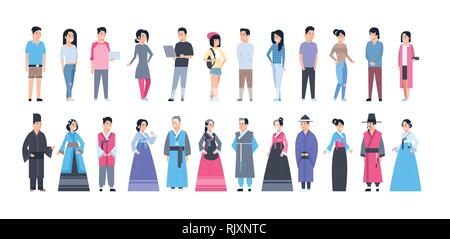 Insieme di popoli asiatici che indossano costumi tradizionali e moderni vestiti a piena lunghezza isolato Illustrazione Vettoriale