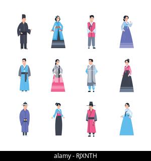 Insieme di popoli asiatici indossando costumi tradizionali maschio e femmina in vestiti nazionali a piena lunghezza isolato Illustrazione Vettoriale