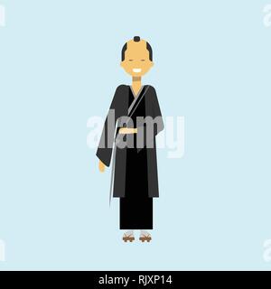 Samurai Giapponese Man In Black Kimono maschio tradizionale abito in Giappone Illustrazione Vettoriale