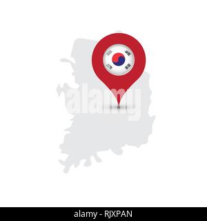 Corea del Sud mappa con il puntatore decorata Bandiera coreana isolato Illustrazione Vettoriale