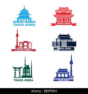 Viaggio in Corea set di icone, raccolta di Silhouette attrazioni di Seoul sud coreano Palace e il Tempio Illustrazione Vettoriale