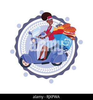 Donna fornire cibo Equitazione Scooter retrò icona consegna isolata Logo del modello Illustrazione Vettoriale