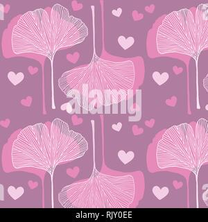 Foglie di Ginkgo e cuori pattern in rosa tavolozza colori. Sfondo di San Valentino Illustrazione Vettoriale