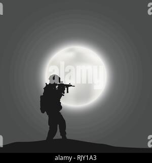 Soldier guarda negli occhi della macchina sullo sfondo del brillante disco della luna Illustrazione Vettoriale