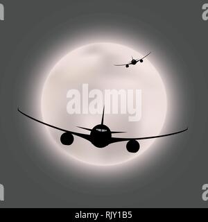 Silhouette di due piani di volo sullo sfondo di una piena luminosa luna disco. Illustrazione Vettoriale