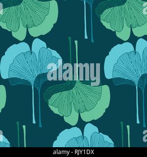Foglie di Ginkgo vector pattern in teal, verde e blu nella tavolozza dei colori Illustrazione Vettoriale