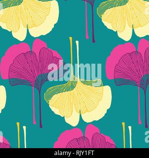 Foglie di Ginkgo vector pattern in teal, porpora e giallo tavolozza colori Illustrazione Vettoriale