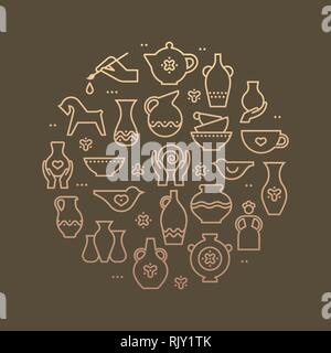 Art shop modello di cerchio. Laboratorio di ceramica, lezioni di ceramica banner illustrazione. Edificio a mano, scolpitura attrezzatura. Vettore icona linea di argilla studio tools. Illustrazione Vettoriale