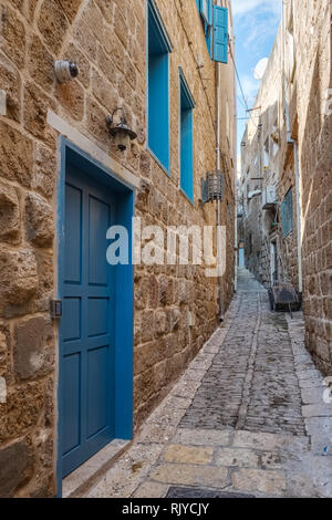 Strada stretta vista in acri di vecchia città, Israele Foto Stock