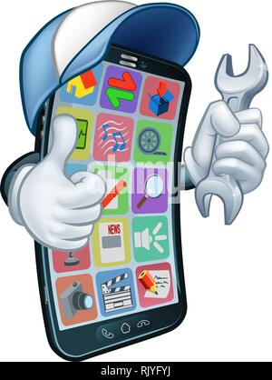 Telefono cellulare chiave di riparazione Thumbs up mascotte Illustrazione Vettoriale