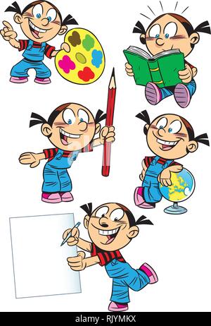 La figura mostra una serie di posizioni schoolgirl e materie scolastiche. Illustrazione fatta in stile cartoon isolati su sfondo bianco, su separate Illustrazione Vettoriale