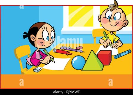 I bambini seduti a un tavolo in camera. Un ragazzo e una ragazza a disegnare con matite colorate su carta. Illustrazione Vettoriale