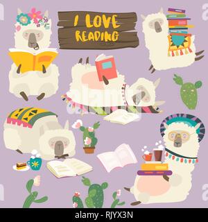 Funny cartoon llama alpaca la lettura di libri. Set di vettore Illustrazione Vettoriale