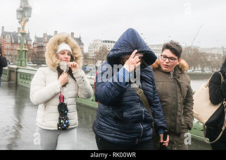Londra, Regno Unito. 8 febbraio, 2019. Pedoni sul Westminster Bridge brave forte vento e pioggia da Storm Erik Credito: amer ghazzal/Alamy Live News Foto Stock