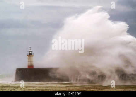 Newhaven, East Sussex, Regno Unito. 8 febbraio 2019. Tempesta Erik colpisce la costa sud creando enormi le onde a Newhaven Harbour, East Sussex. © Peter Cripps/Alamy Live News Foto Stock