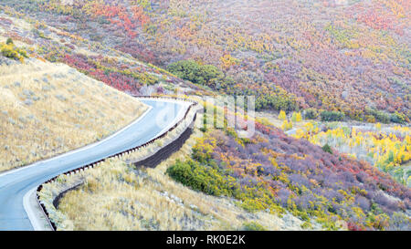 Paese di avvolgimento strada attraverso le ondulate colline coperte con luminosi colori autunnali nei pressi di Park City, Utah con spazio di copia Foto Stock