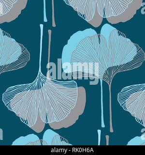 Foglie di Ginkgo vector pattern in grigio e blu chiaro nella tavolozza dei colori su un sfondo di teal Illustrazione Vettoriale
