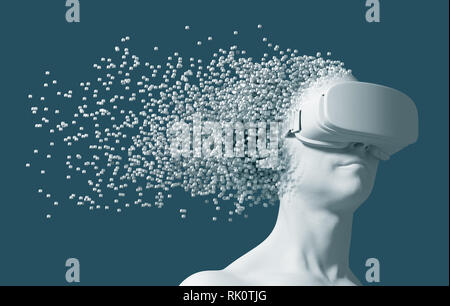 Uomo che indossa occhiali per realtà virtuale si disintegra in 3D Pixel. 3D'illustrazione. Foto Stock