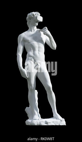 La scultura David con occhiali VR su sfondo nero. 3D'illustrazione. Foto Stock