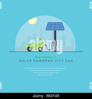 Electromobility concetto. Compatto elettrico auto a energia solare stazione di carica modello di layout design piatto illustrazione vettoriale Illustrazione Vettoriale