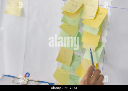 Mano umana tenendo la penna rivolta verso una nota adesiva Foto Stock