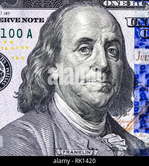 Benjamin Franklin ritratto da 100 dollaro americano banconota. Noi della carta moneta, dettaglio Foto Stock
