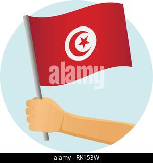 Bandiera della Tunisia in mano. Sfondo patriottico. Bandiera Nazionale della Tunisia illustrazione vettoriale Illustrazione Vettoriale