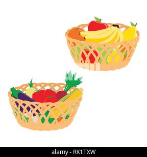 Illustrazione Vettoriale due cesti di vimini con frutta e verdura icona isolati su sfondo bianco. Frutta : banana, mela, pera, arancione. : Vegetali Illustrazione Vettoriale