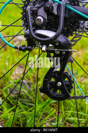 Primo piano di una bicicletta meccanismo di ingranaggi e catena sulla ruota posteriore della mountain bike. Ruota posteriore cassetta da una mountain bike su erba verde dello sfondo. Foto Stock