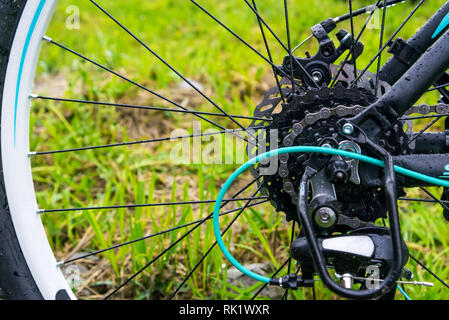 Primo piano di una bicicletta meccanismo di ingranaggi e catena sulla ruota posteriore della mountain bike. Ruota posteriore cassetta da una mountain bike su erba verde dello sfondo. Foto Stock
