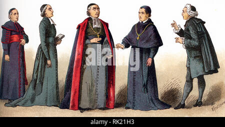 Le illustrazioni riportate di seguito mostrano i costumi ecclesiastici. Essi sono, da sinistra a destra: un vescovo nella Zimarra; un sacerdote in soutanne; un vescovo in paramenti ordinario; un vescovo in costume di casa e un'Abbe in tempo di Luigi XVI. L'illustrazione risale al 1882. Foto Stock