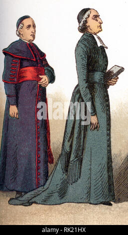 Le illustrazioni riportate di seguito mostrano i costumi ecclesiastici. Essi sono, da sinistra a destra: un vescovo nella Zimarra e un sacerdote in soutanne. L'illustrazione risale al 1882. Foto Stock