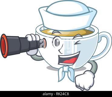 Sailor binoculare con tè allo zenzero in forma cartoon Illustrazione Vettoriale