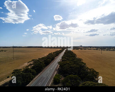 Antenna della dritta strada attraverso campi di grano vicino Kyancutta Eyre Peninsula South Australia Foto Stock