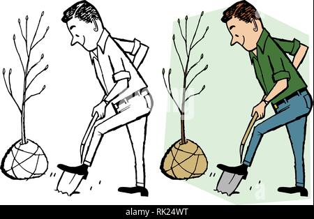 Un uomo di piantare un albero alberello con una pala. Illustrazione Vettoriale