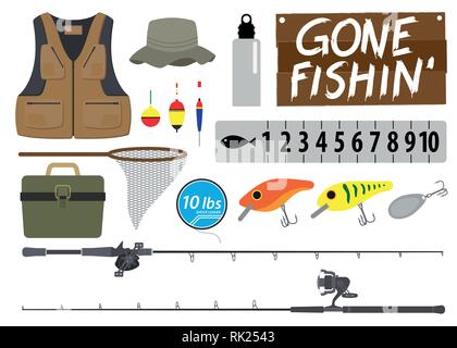 Set di illustrazioni con clip da pesca. Collezione di attrezzature da pesca e attrezzi, illustrazione vettoriale Illustrazione Vettoriale