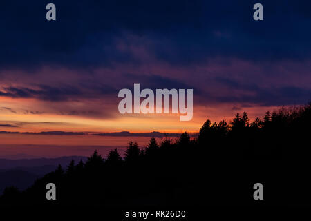 Alberi sagome contro un colore bellissimo cielo al tramonto, con montagne di strati in background Foto Stock