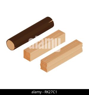 Icona vettore isometrica log in legno legna da ardere, fascio di legname e la pila, la pila di asse di legno isolato su sfondo bianco. Illustrazione Vettoriale