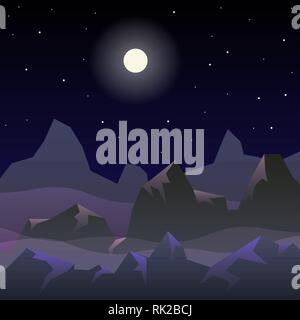 Paesaggio notturno con montagne, nebbia e luna Illustrazione Vettoriale