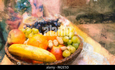 La frutta in un cesto di vimini. Ancora artistico la vita. Sfondo astratto con pattern, verniciatura effetto surreale e atmosfera di festa. Colorata frutta succosa pila. Foto Stock