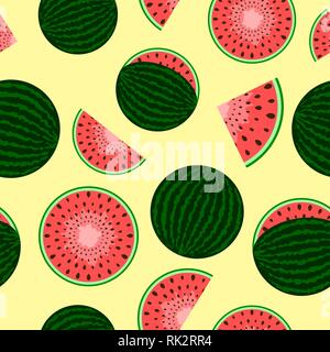 Anguria intera e taglio. Seamless pattern per la primavera o estate umore. Deliziosi dolci di frutta o dessert. Figura per tessuto. Illustrazione Vettoriale