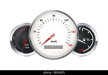 Set di auto gli elementi del cruscotto. Tachimetro, contagiri, livello carburante, indicatori isolati su bianco Illustrazione Vettoriale