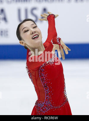 Anaheim, California, USA. 8 febbraio, 2019. Elizabet Tursynbaeva del Kazakistan compete nel Signore di Free Skate durante l'ISU quattro continenti la figura pattinare campionato a Honda Center di Anaheim, California il 8 febbraio 2019. Credito: Ringo Chiu/ZUMA filo/Alamy Live News Foto Stock