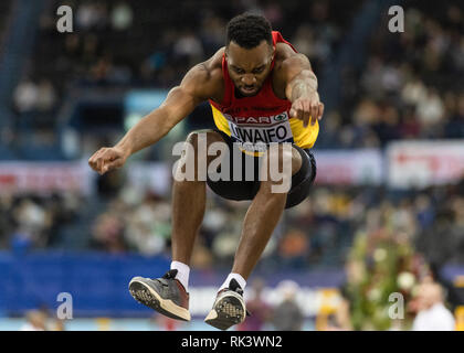 Birmingham, Regno Unito. 09Feb, 2019. Efe Uwaifo negli Uomini Salto triplo Finale durante la SPAR British Indoor Athletics Championships 2019 all'Arena Birmingham su Sabato, 09 febbraio 2019. BIRMINGHAM INGHILTERRA. (Solo uso editoriale, è richiesta una licenza per uso commerciale. Nessun uso in scommesse, giochi o un singolo giocatore/club/league pubblicazioni.) Credito: Taka G Wu/Alamy News Credito: Taka Wu/Alamy Live News Foto Stock