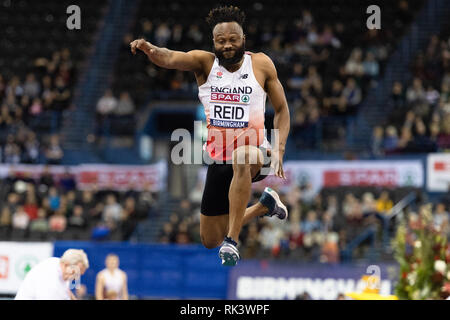 Birmingham, Regno Unito. 09Feb, 2019. Julian Reid in Uomini Salto triplo Finale durante la SPAR British Indoor Athletics Championships 2019 all'Arena Birmingham su Sabato, 09 febbraio 2019. BIRMINGHAM INGHILTERRA. (Solo uso editoriale, è richiesta una licenza per uso commerciale. Nessun uso in scommesse, giochi o un singolo giocatore/club/league pubblicazioni.) Credito: Taka G Wu/Alamy News Credito: Taka Wu/Alamy Live News Foto Stock